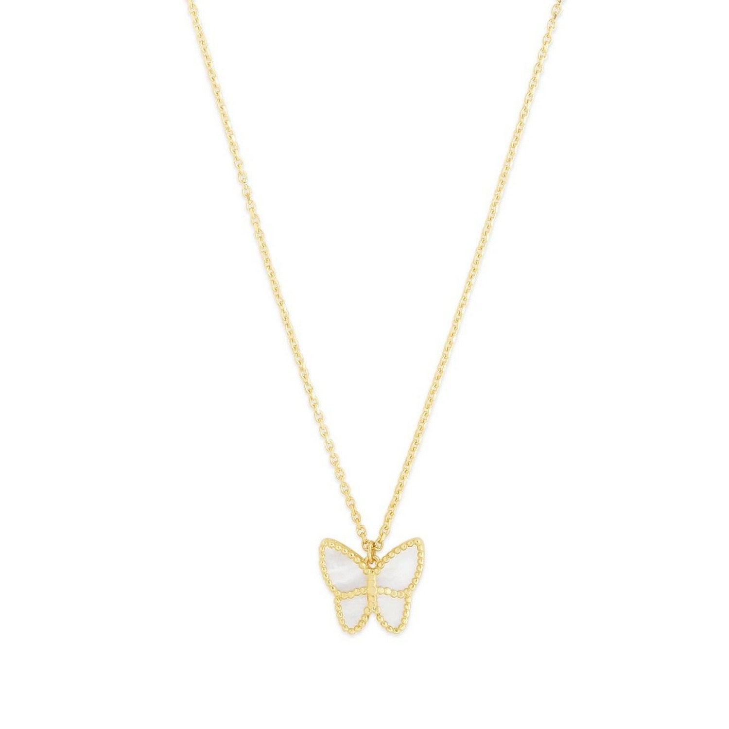 14k Yellow Gold High Polish Butterfly Peral Paste Necklace in a sleek high-contrast midnight luxury editorial style